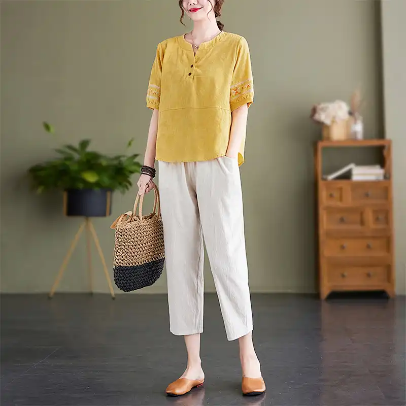 Embroidery Class - Women's Linen Two-Piece Set Embroidery Short-Sleeve