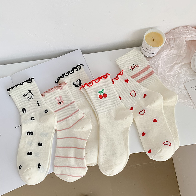 Embroidery On Socks - Women Socks Cotton Cute Rabbit Cherry