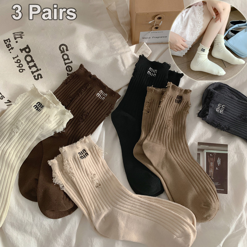 Embroidery On Socks - 3 Pairs Luxury Brand Socks Women's