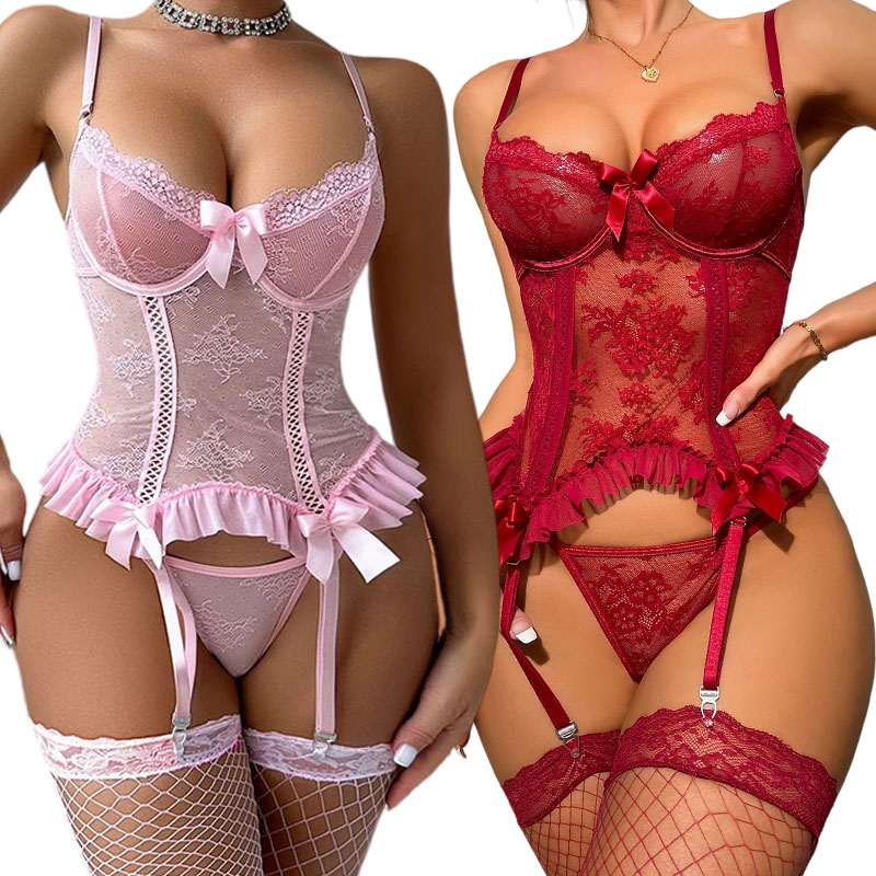 Embroidery On Socks - Delicate 3-Piece Garter Belt Set Seamless