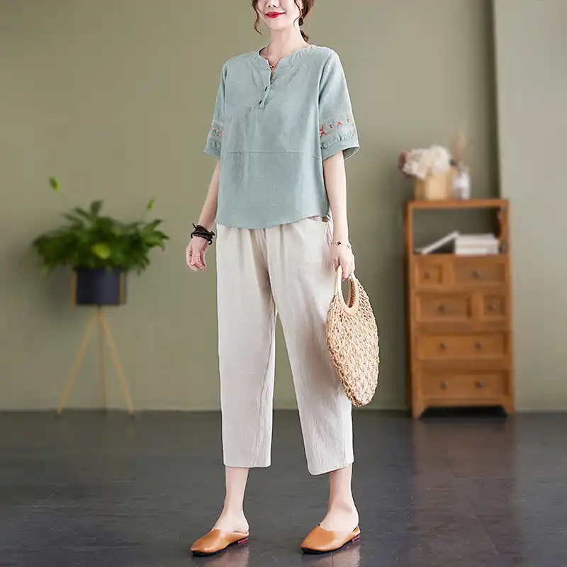 Women's Linen Two-Piece Set Em - Embroidery Class ulasan dan harga