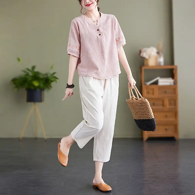Women's Linen Two-Piece Set Em - Embroidery Class ulasan dan harga
