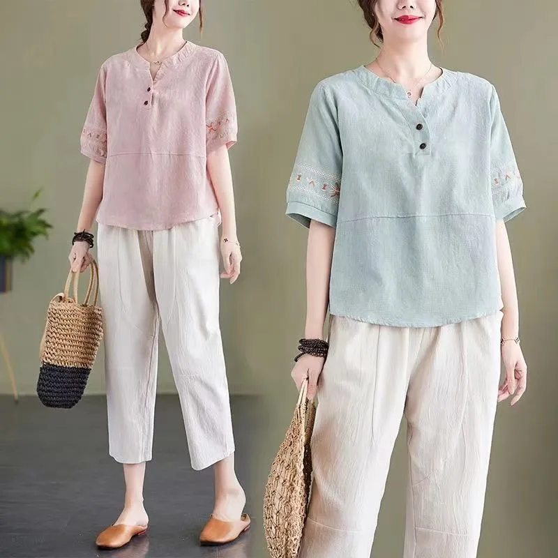 Women's Linen Two-Piece Set Em - Embroidery Class ulasan dan harga