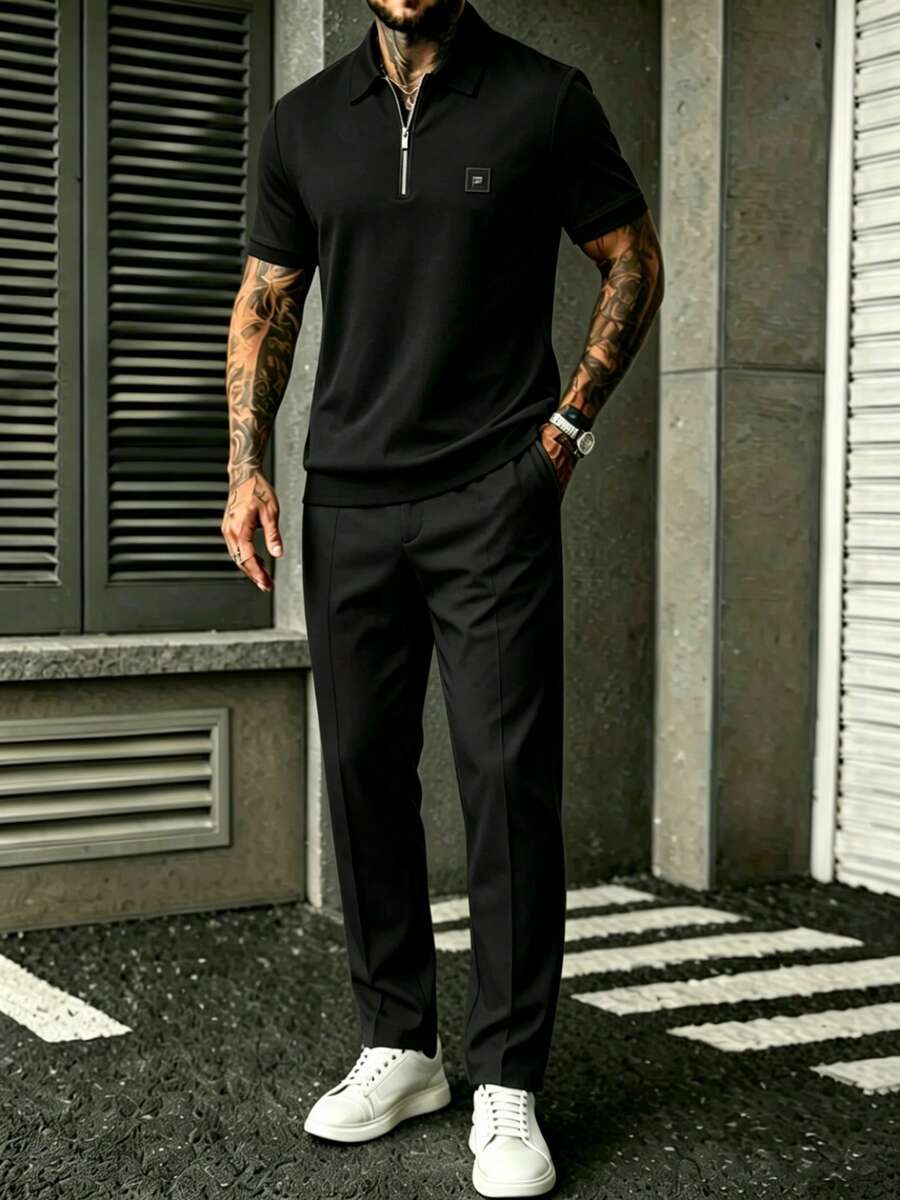 Mens Black Quarter-Sleeve Zip- - Embroidery Logo ulasan dan harga